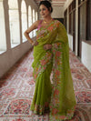 Bhagalpur Handloom Pure Linen Cotton Saree With Embroidery-Light Green