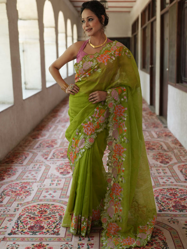 Bhagalpur Handloom Pure Linen Cotton Saree With Embroidery-Light Green