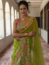 Bhagalpur Handloom Pure Linen Cotton Saree With Embroidery-Light Green