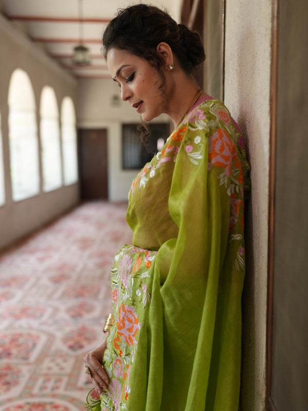 Bhagalpur Handloom Pure Linen Cotton Saree With Embroidery-Light Green