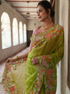 Bhagalpur Handloom Pure Linen Cotton Saree With Embroidery-Light Green