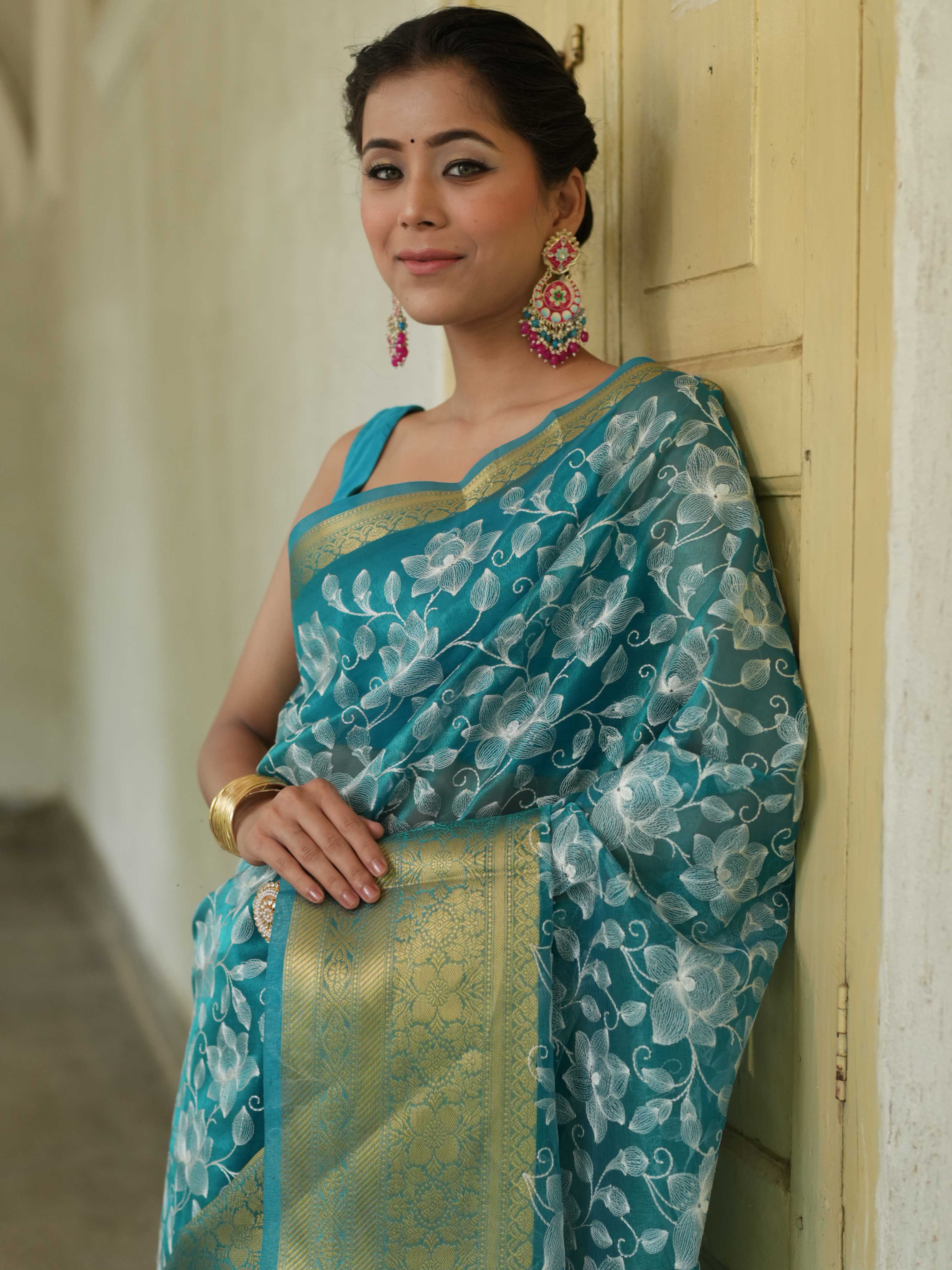 Banarasee Handwoven Broad Border Tissue Saree With Embroidered Jaal Design-Blue