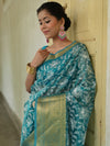 Banarasee Handwoven Broad Border Tissue Saree With Embroidered Jaal Design-Blue