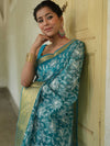 Banarasee Handwoven Broad Border Tissue Saree With Embroidered Jaal Design-Blue
