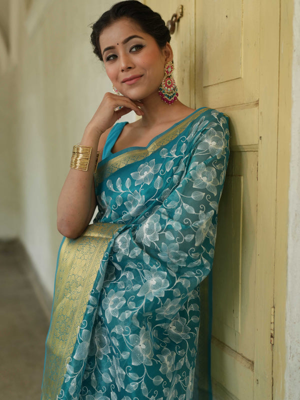 Banarasee Handwoven Broad Border Tissue Saree With Embroidered Jaal Design-Blue