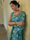 Banarasee Handwoven Broad Border Tissue Saree With Embroidered Jaal Design-Blue
