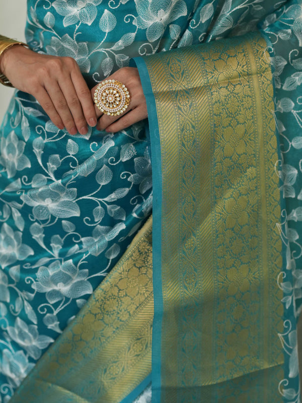 Banarasee Handwoven Broad Border Tissue Saree With Embroidered Jaal Design-Blue