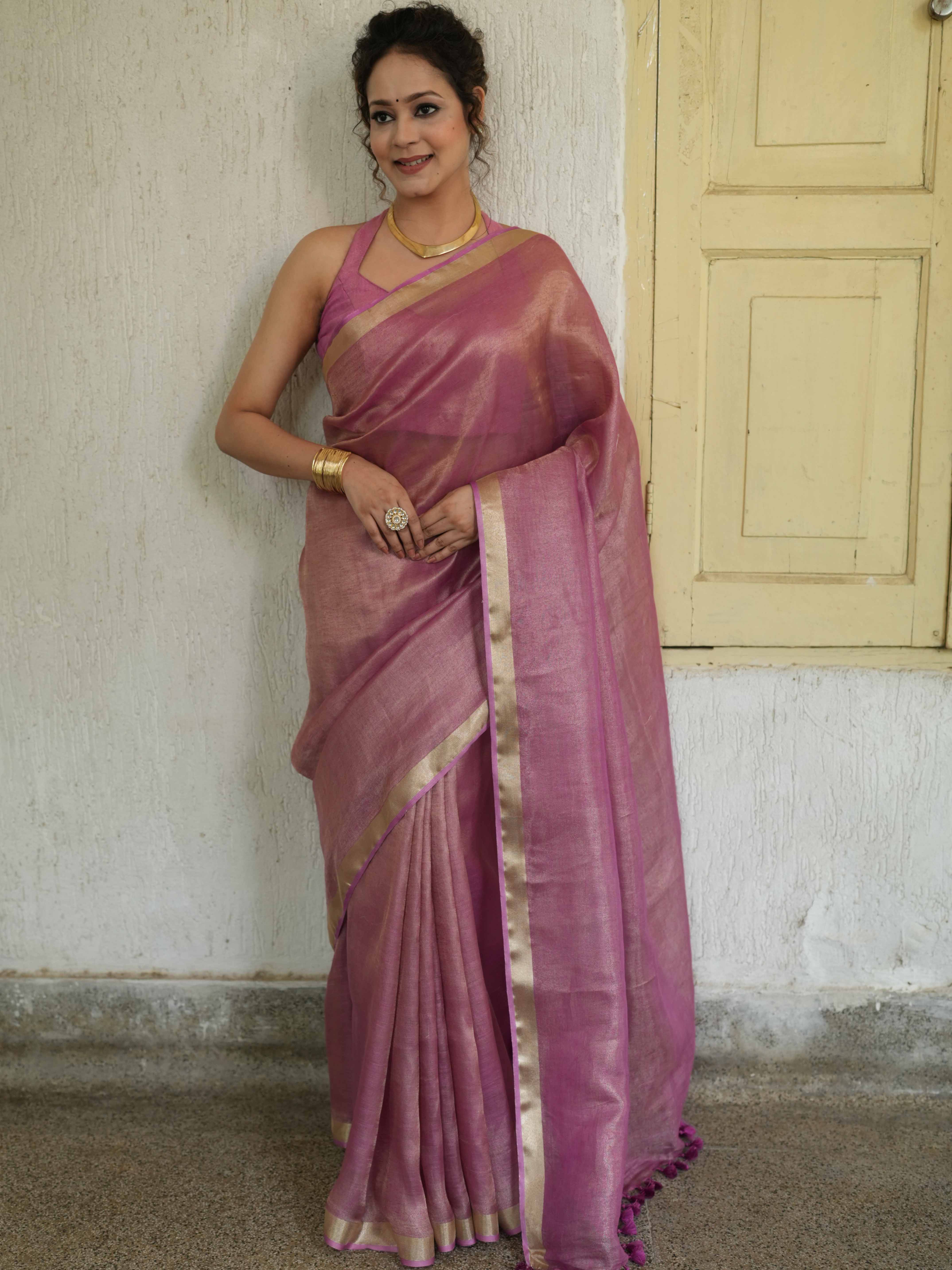 Banarasee Handloom Linen By Tissue Metallic Shine Saree-Pink