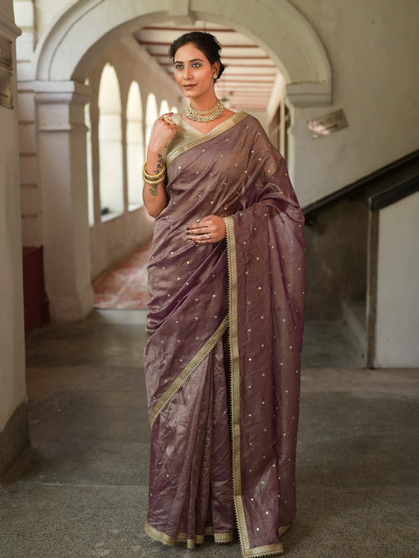 Banarasee Handwoven Mirror Work Crushed Tissue Saree With Lace With Contrast Blouse-Purple