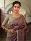 Banarasee Handwoven Mirror Work Crushed Tissue Saree With Lace With Contrast Blouse-Purple