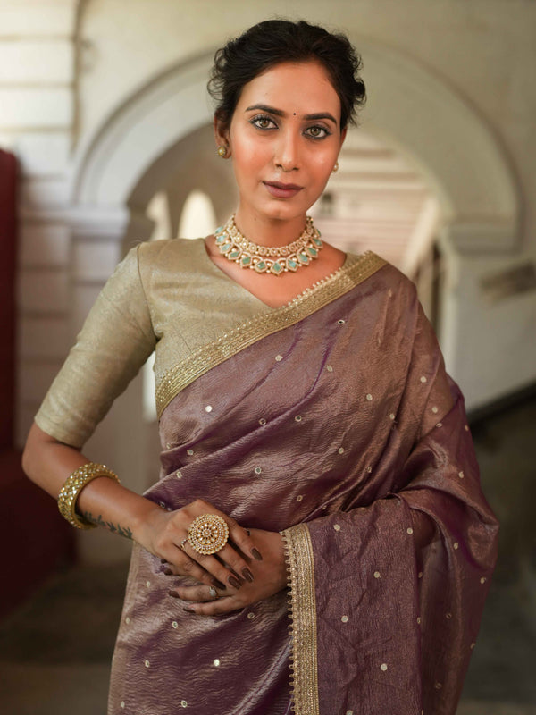 Banarasee Handwoven Mirror Work Crushed Tissue Saree With Lace With Contrast Blouse-Purple