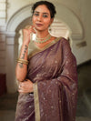 Banarasee Handwoven Mirror Work Crushed Tissue Saree With Lace With Contrast Blouse-Purple