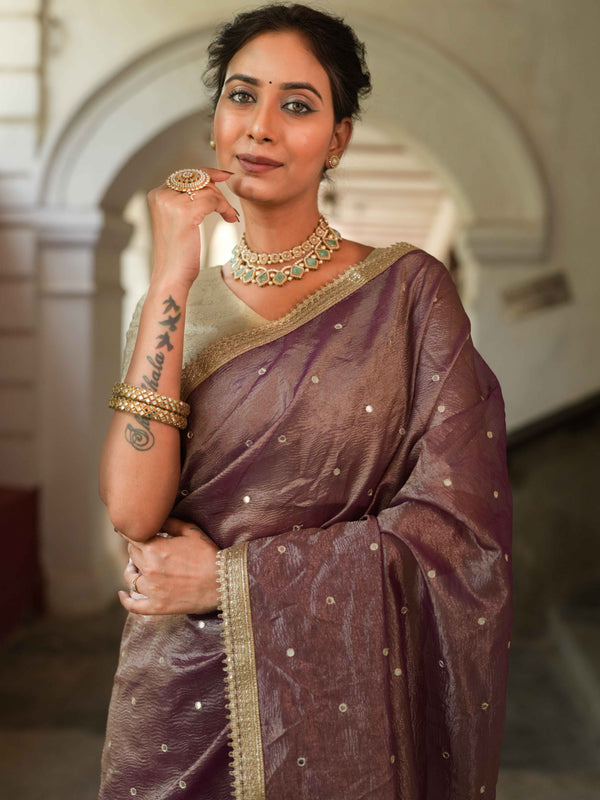 Banarasee Handwoven Mirror Work Crushed Tissue Saree With Lace With Contrast Blouse-Purple