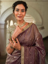 Banarasee Handwoven Mirror Work Crushed Tissue Saree With Lace With Contrast Blouse-Purple