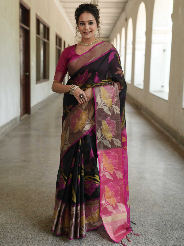 Banarasee Cotton Silk Saree With Resham Work & Pallu-Black & Pink