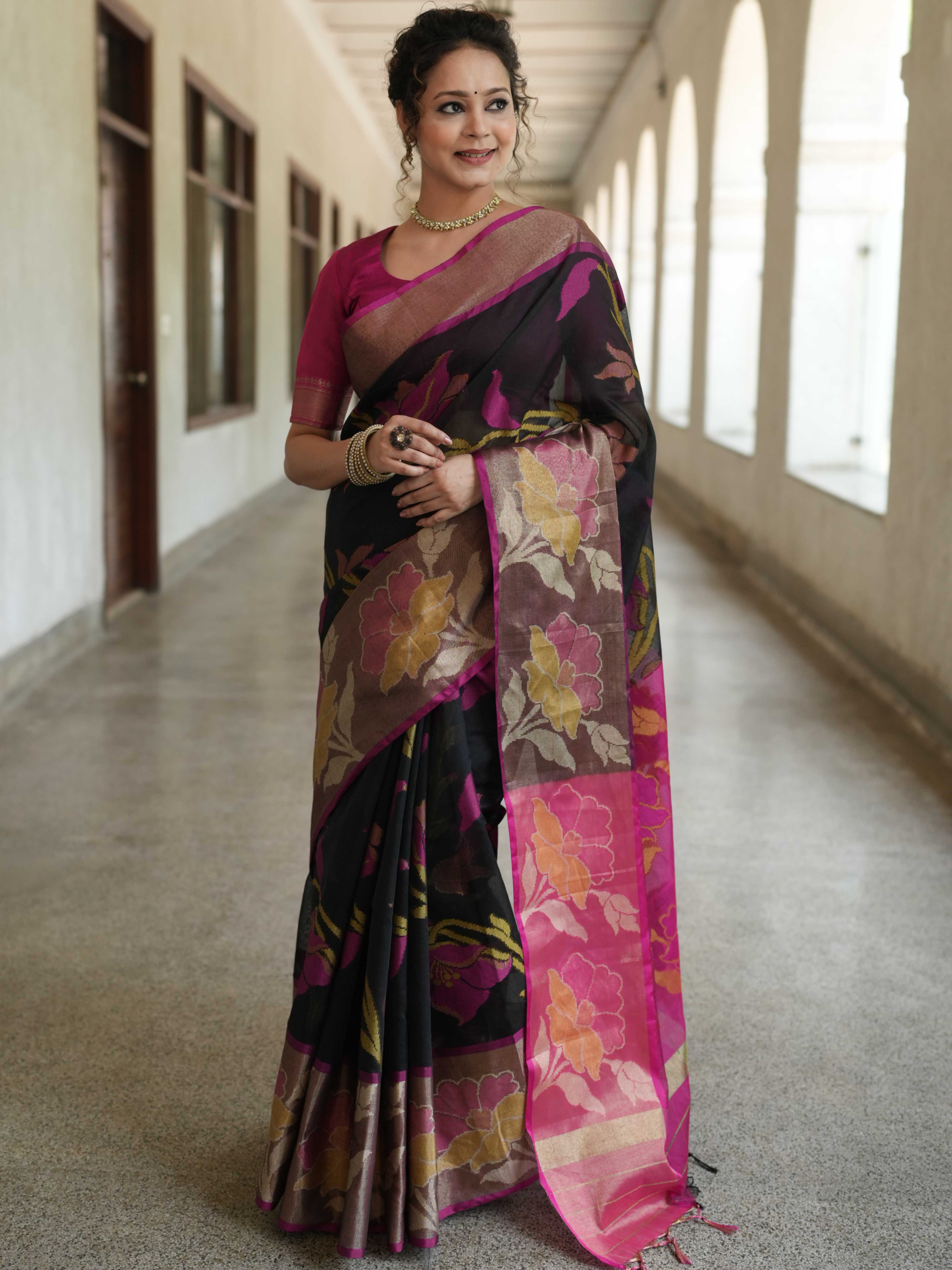 Banarasee Cotton Silk Saree With Resham Work & Pallu-Black & Pink