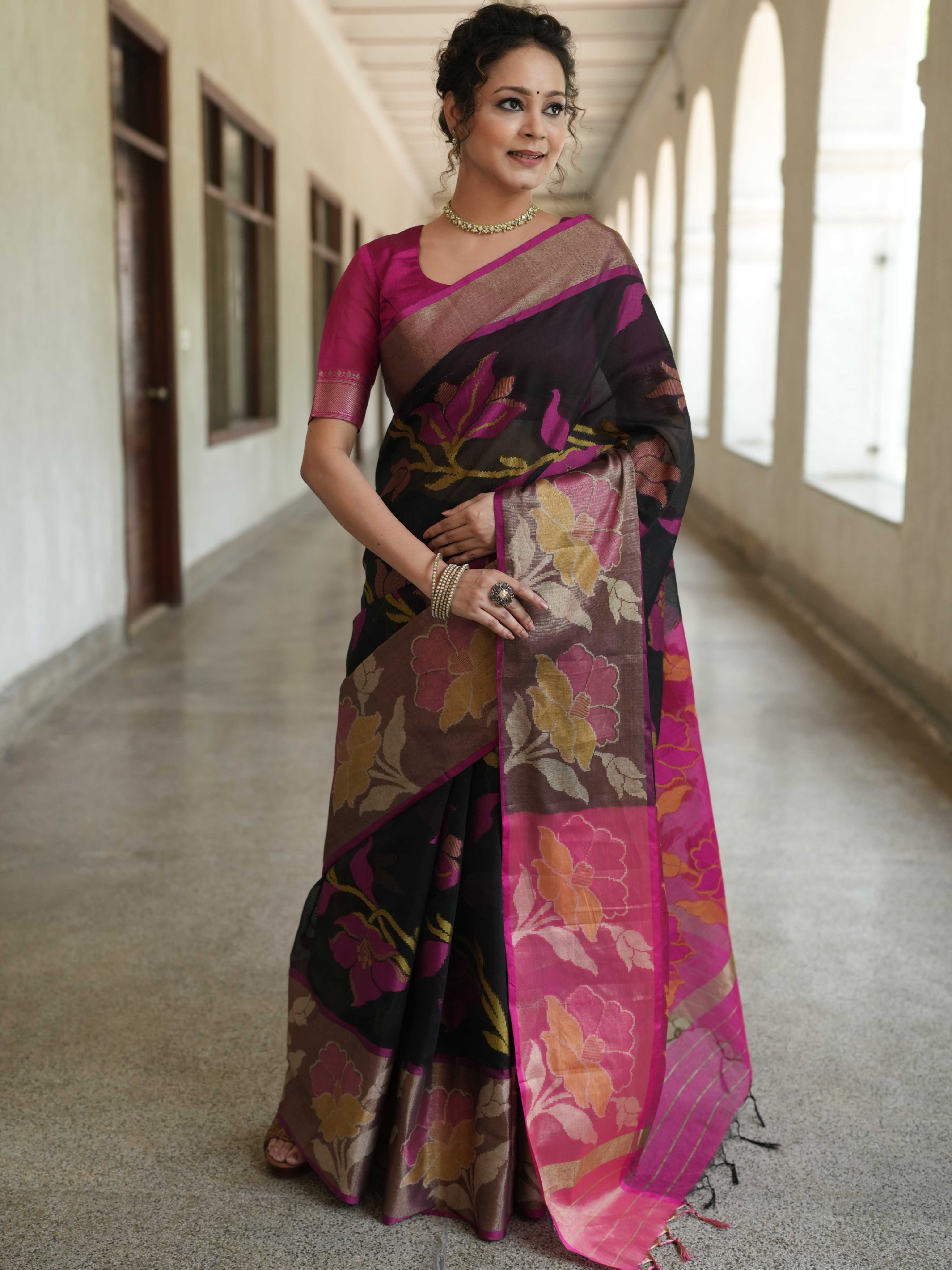 Banarasee Cotton Silk Saree With Resham Work & Pallu-Black & Pink