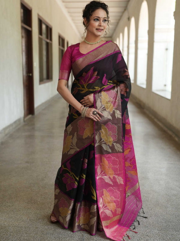 Banarasee Cotton Silk Saree With Resham Work & Pallu-Black & Pink