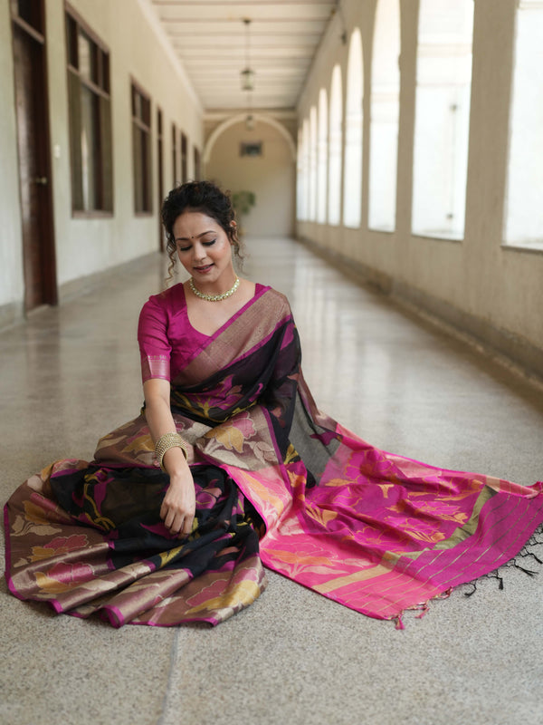Banarasee Cotton Silk Saree With Resham Work & Pallu-Black & Pink
