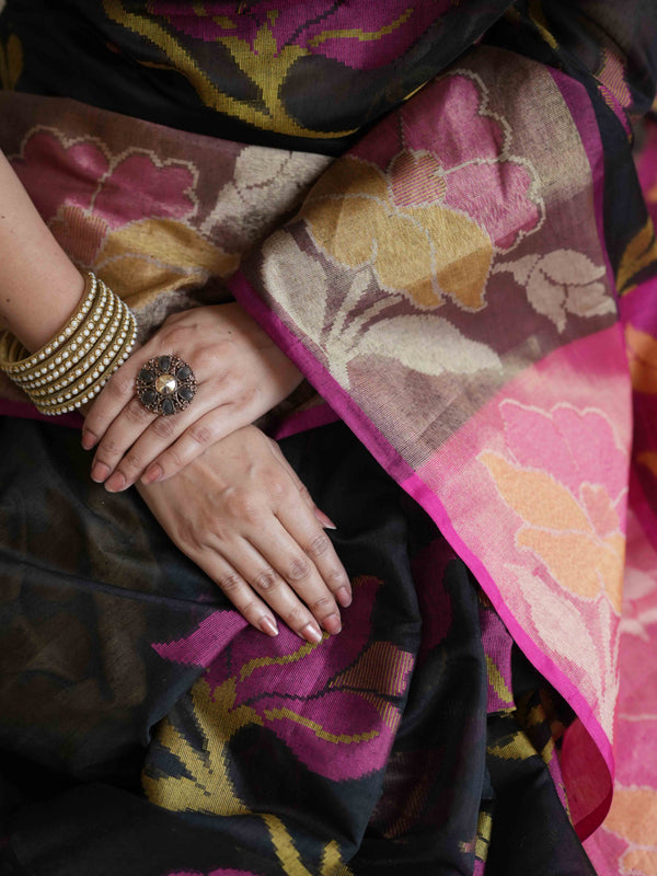Banarasee Cotton Silk Saree With Resham Work & Pallu-Black & Pink