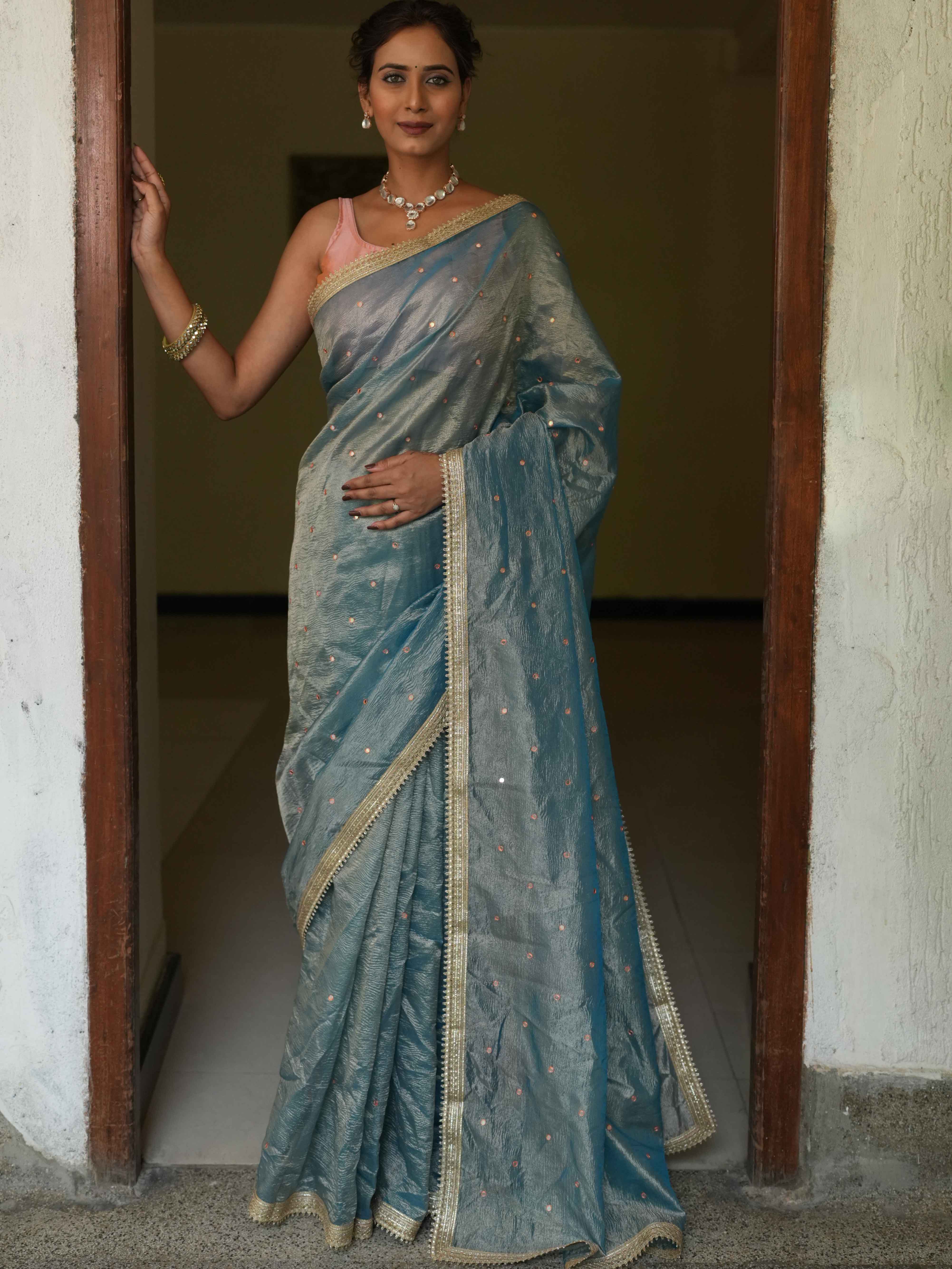 Banarasee Handwoven Mirror Work Crushed Tissue Saree With Lace With Contrast Blouse-Blue