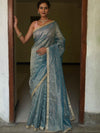 Banarasee Handwoven Mirror Work Crushed Tissue Saree With Lace With Contrast Blouse-Blue
