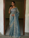 Banarasee Handwoven Mirror Work Crushed Tissue Saree With Lace With Contrast Blouse-Blue