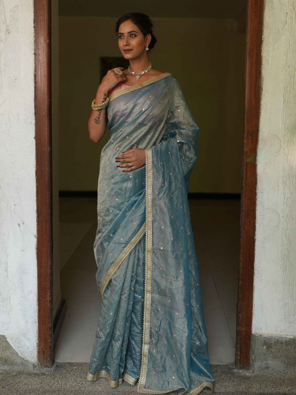 Banarasee Handwoven Mirror Work Crushed Tissue Saree With Lace With Contrast Blouse-Blue