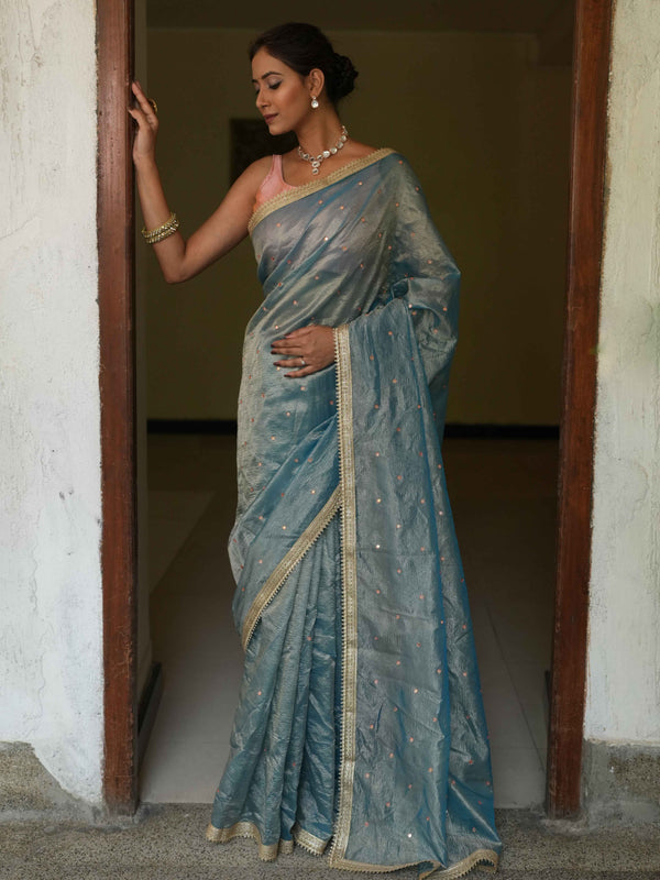 Banarasee Handwoven Mirror Work Crushed Tissue Saree With Lace With Contrast Blouse-Blue