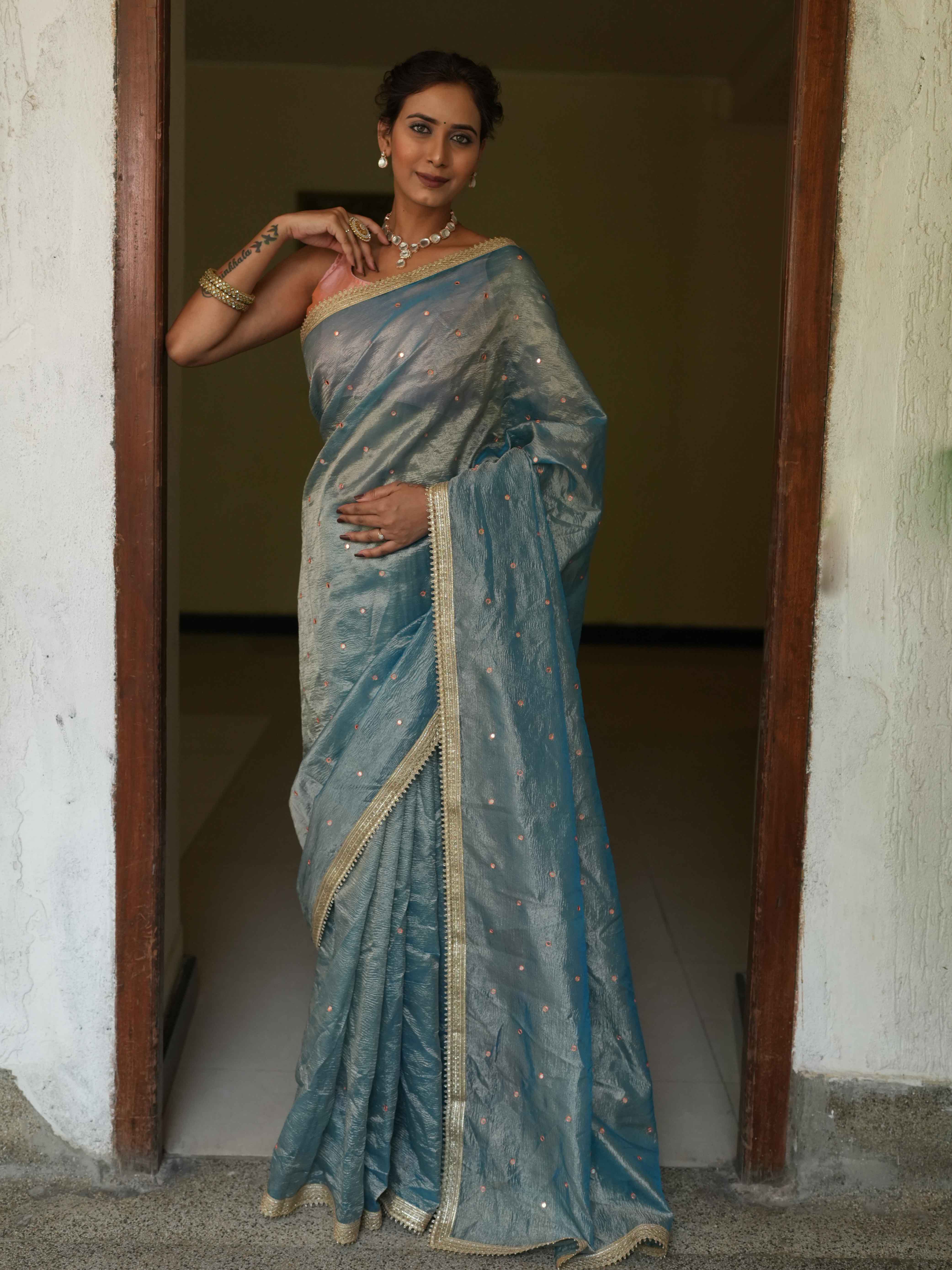 Banarasee Handwoven Mirror Work Crushed Tissue Saree With Lace With Contrast Blouse-Blue