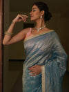 Banarasee Handwoven Mirror Work Crushed Tissue Saree With Lace With Contrast Blouse-Blue