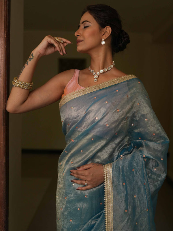 Banarasee Handwoven Mirror Work Crushed Tissue Saree With Lace With Contrast Blouse-Blue
