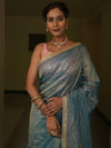 Banarasee Handwoven Mirror Work Crushed Tissue Saree With Lace With Contrast Blouse-Blue