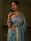 Banarasee Handwoven Mirror Work Crushed Tissue Saree With Lace With Contrast Blouse-Blue