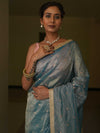 Banarasee Handwoven Mirror Work Crushed Tissue Saree With Lace With Contrast Blouse-Blue