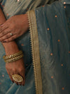 Banarasee Handwoven Mirror Work Crushed Tissue Saree With Lace With Contrast Blouse-Blue