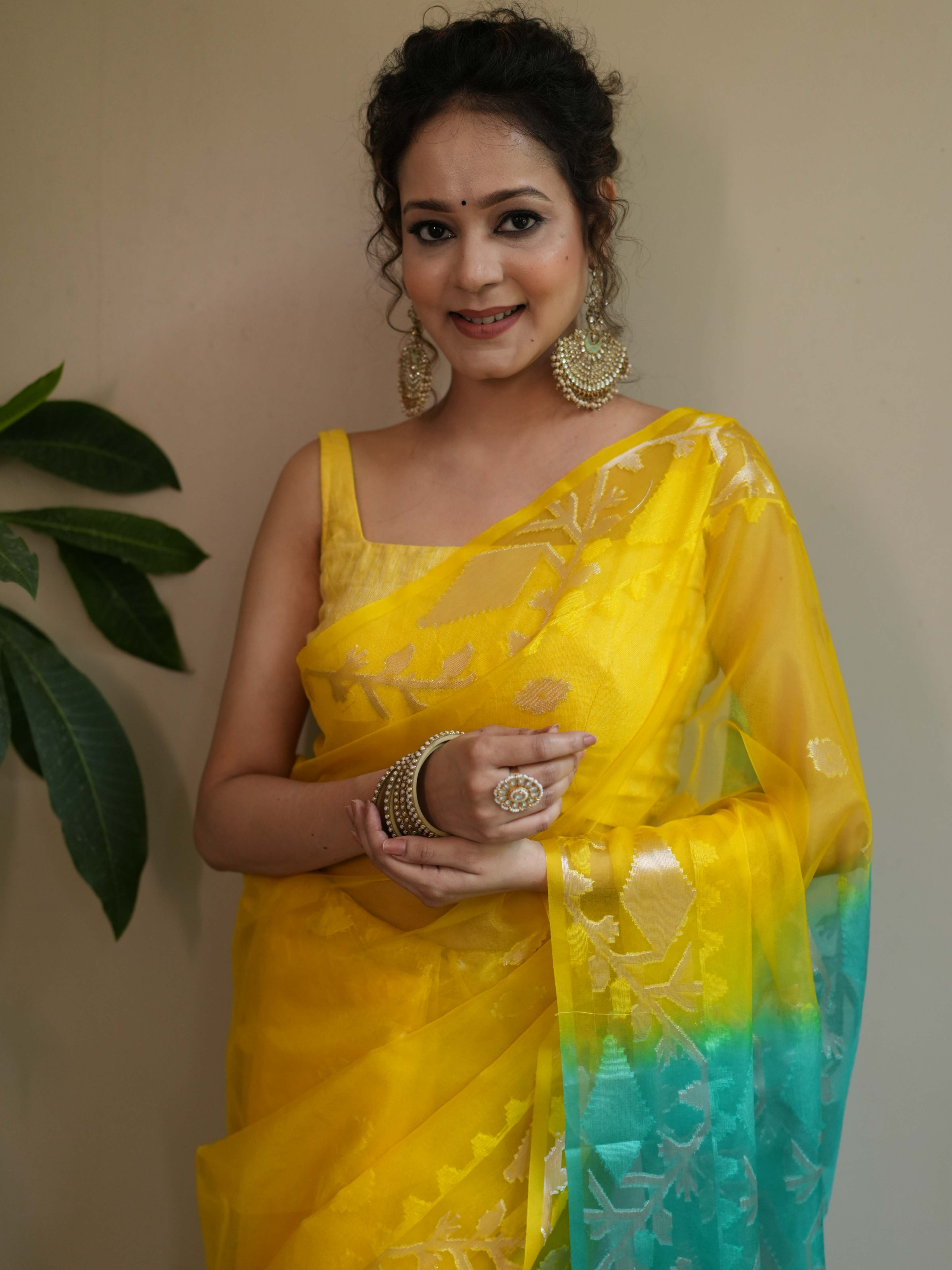 Banarasee Organza Saree With Gold Zari Jaal Design & Dual Color-Yellow & Green