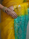 Banarasee Organza Saree With Gold Zari Jaal Design & Dual Color-Yellow & Green