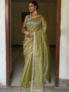 Banarasee Handwoven Mirror Work Crushed Tissue Saree With Lace With Contrast Blouse-Light Green
