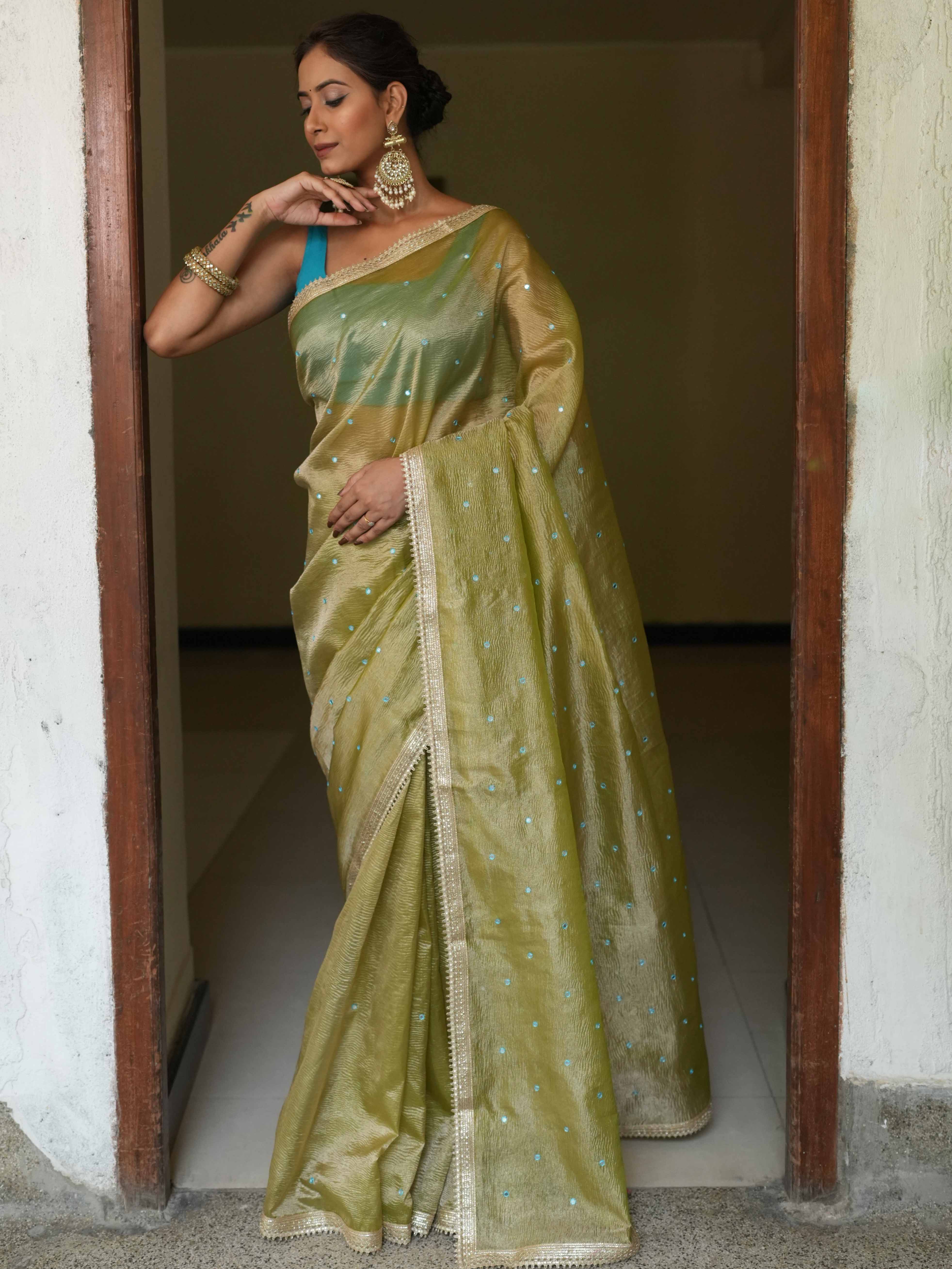 Banarasee Handwoven Mirror Work Crushed Tissue Saree With Lace With Contrast Blouse-Light Green