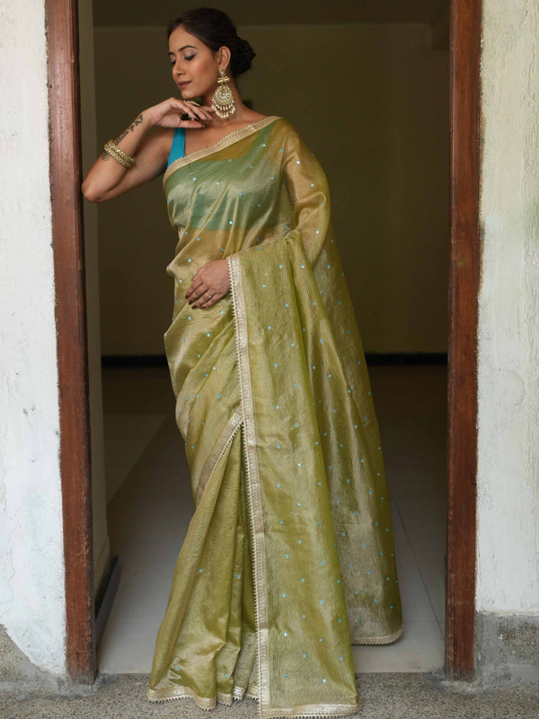 Banarasee Handwoven Mirror Work Crushed Tissue Saree With Lace With Contrast Blouse-Light Green
