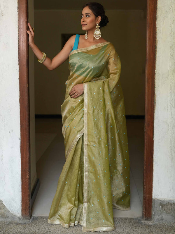 Banarasee Handwoven Mirror Work Crushed Tissue Saree With Lace With Contrast Blouse-Light Green