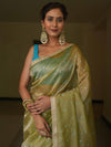 Banarasee Handwoven Mirror Work Crushed Tissue Saree With Lace With Contrast Blouse-Light Green