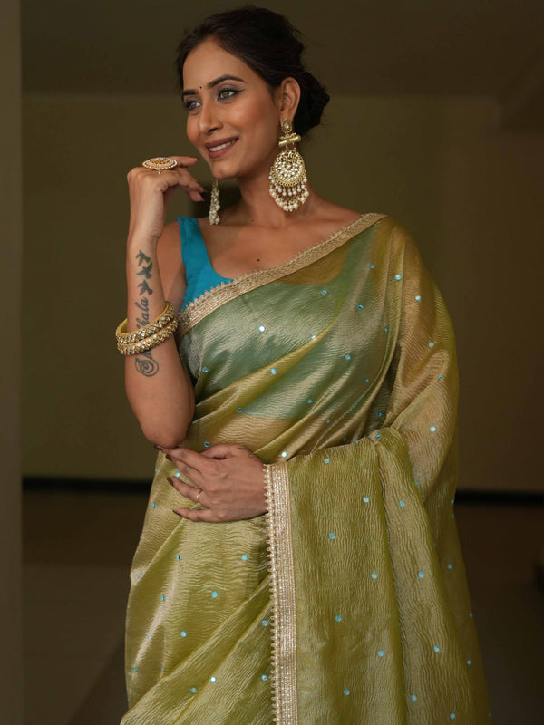 Banarasee Handwoven Mirror Work Crushed Tissue Saree With Lace With Contrast Blouse-Light Green