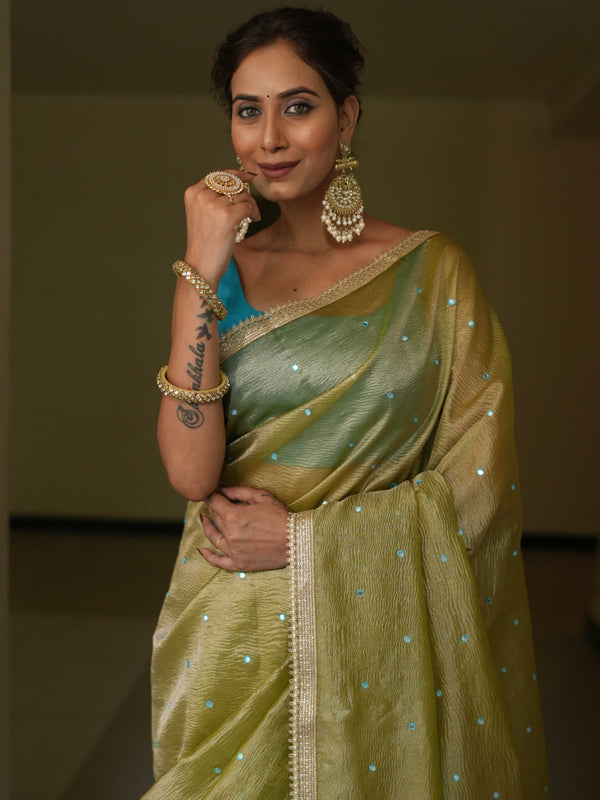 Banarasee Handwoven Mirror Work Crushed Tissue Saree With Lace With Contrast Blouse-Light Green