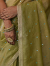 Banarasee Handwoven Mirror Work Crushed Tissue Saree With Lace With Contrast Blouse-Light Green