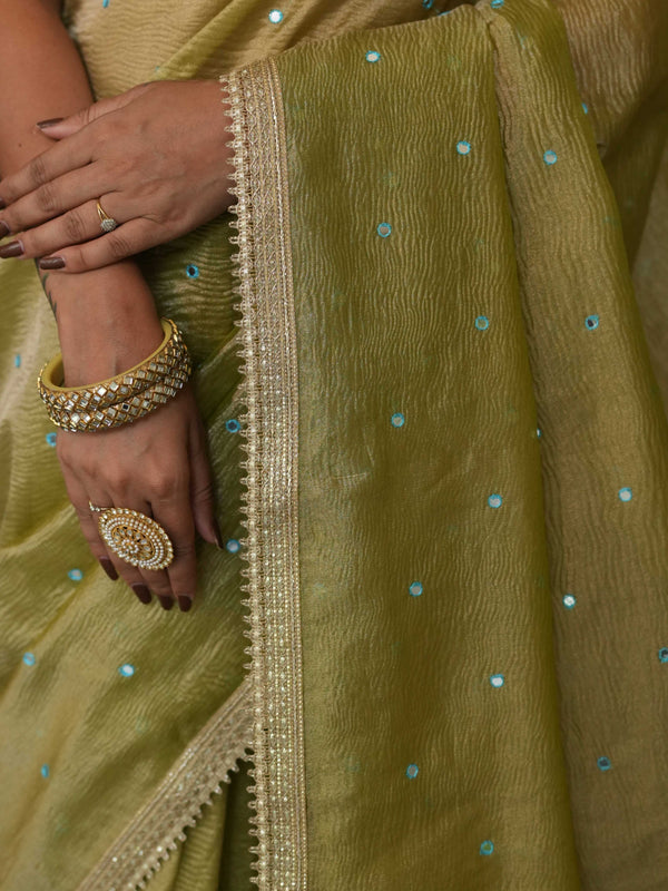 Banarasee Handwoven Mirror Work Crushed Tissue Saree With Lace With Contrast Blouse-Light Green