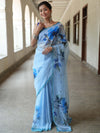 Banarasee Organza Silk Floral Printed Saree With Scallop Border-Light Blue