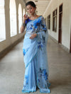 Banarasee Organza Silk Floral Printed Saree With Scallop Border-Light Blue