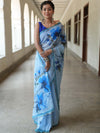 Banarasee Organza Silk Floral Printed Saree With Scallop Border-Light Blue